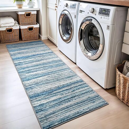 Chicrug 2x6 Hallway Washable Runner Rugs for Bedroom, Non Slip Striped Abstract Runners Rug for Entryway Kitchen, Low Pile Indoor Floor Carpet Runner for Laundry Room Dorm Bedside Decor, Blue in Saudi Arabia
