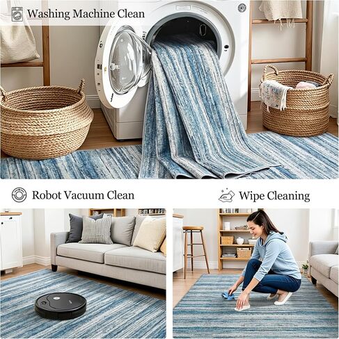 Chicrug 2x6 Hallway Washable Runner Rugs for Bedroom, Non Slip Striped Abstract Runners Rug for Entryway Kitchen, Low Pile Indoor Floor Carpet Runner for Laundry Room Dorm Bedside Decor, Blue in Saudi Arabia