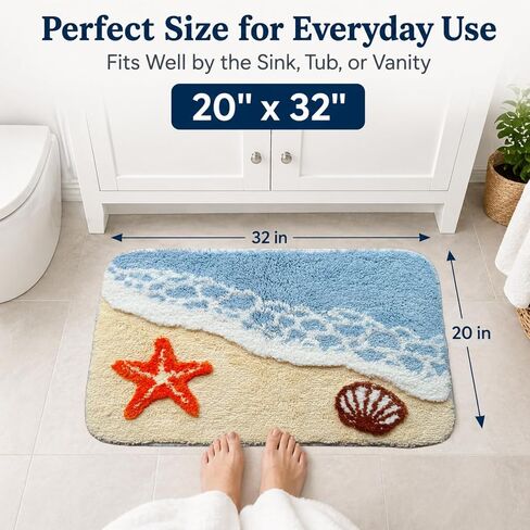 Beach Bathroom Rug 20 x 32 Inch, Coastal Ocean Wave Bath Mat with Starfish and Seashell Design, Soft Absorbent Plush Rug with Textured Backing for Tub, Shower, Sink, Vanity Floor Decor in Saudi Arabia
