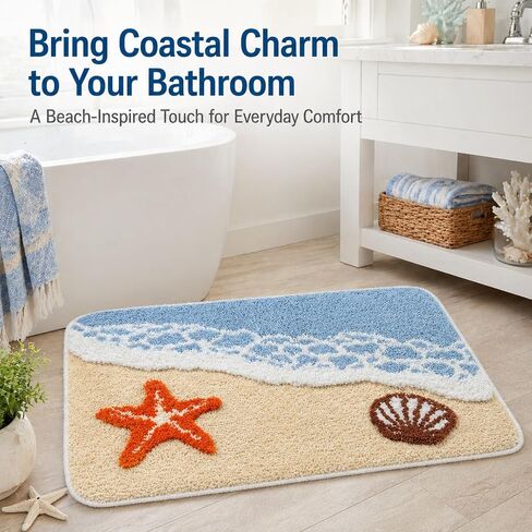 Beach Bathroom Rug 20 x 32 Inch, Coastal Ocean Wave Bath Mat with Starfish and Seashell Design, Soft Absorbent Plush Rug with Textured Backing for Tub, Shower, Sink, Vanity Floor Decor in Saudi Arabia
