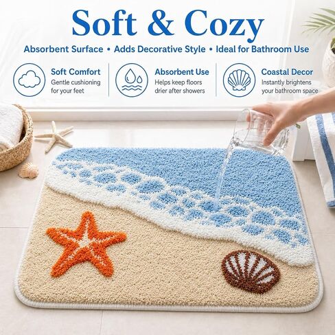 Beach Bathroom Rug 20 x 32 Inch, Coastal Ocean Wave Bath Mat with Starfish and Seashell Design, Soft Absorbent Plush Rug with Textured Backing for Tub, Shower, Sink, Vanity Floor Decor in Saudi Arabia