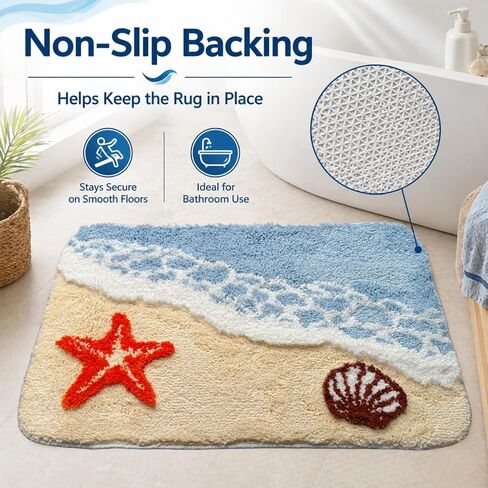 Beach Bathroom Rug 20 x 32 Inch, Coastal Ocean Wave Bath Mat with Starfish and Seashell Design, Soft Absorbent Plush Rug with Textured Backing for Tub, Shower, Sink, Vanity Floor Decor in Saudi Arabia