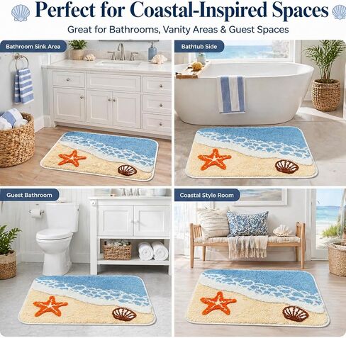 Beach Bathroom Rug 20 x 32 Inch, Coastal Ocean Wave Bath Mat with Starfish and Seashell Design, Soft Absorbent Plush Rug with Textured Backing for Tub, Shower, Sink, Vanity Floor Decor in Saudi Arabia