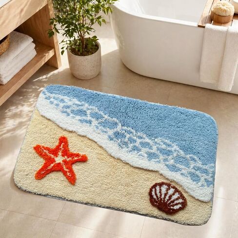 Beach Bathroom Rug 20 x 32 Inch, Coastal Ocean Wave Bath Mat with Starfish and Seashell Design, Soft Absorbent Plush Rug with Textured Backing for Tub, Shower, Sink, Vanity Floor Decor in Saudi Arabia