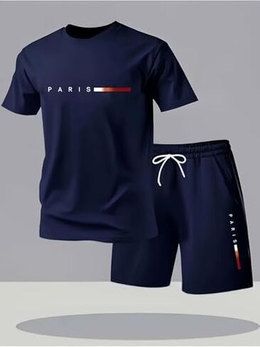 Men's Letter Print Two-Piece Set Round Neck Short-Sleeved T-Shirt and Drawstring Shorts Summer Casual Sportswear in Kuwait