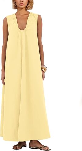 Women Flowy Maxi Dress Ruched Sleeveless Long Dress Vacation Fashion Summer Casual Loose Fit Sundress with Pockets in Saudi Arabia