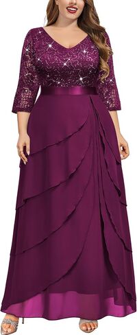 MISSMAY Women's Plus Size Sequins Lace Ruffle Tiered Layered Chiffon Formal Maxi Dress in Saudi Arabia