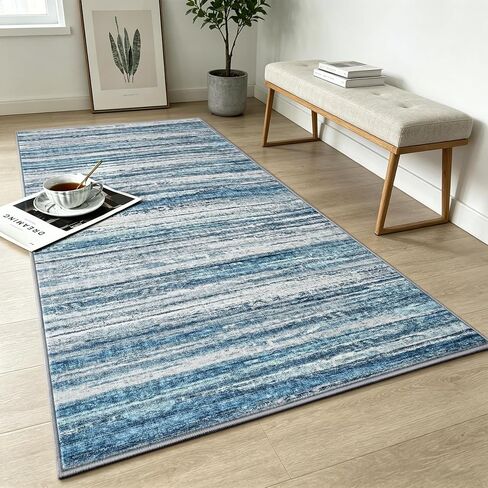 Chicrug 2x6 Hallway Washable Runner Rugs for Bedroom, Non Slip Striped Abstract Runners Rug for Entryway Kitchen, Low Pile Indoor Floor Carpet Runner for Laundry Room Dorm Bedside Decor, Blue in Saudi Arabia