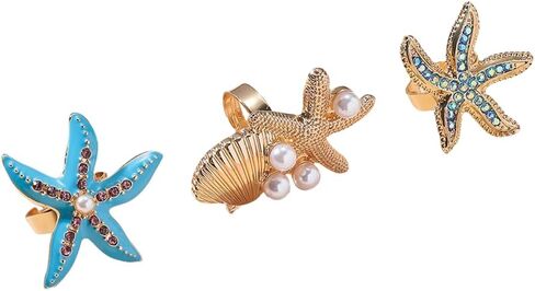 Dtja 3pcs Shell Pearl Starfish Statement Rings Set for Women Gold Plated Adjustable Rhinestone AB Crystal Scallor Ocean Sea Marine Life Open Wrap Rings Boho Y2K Beach Holiday Jewelry Gifts in Kuwait