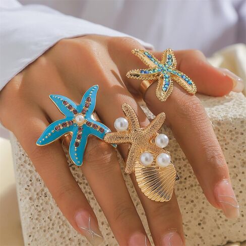 Dtja 3pcs Shell Pearl Starfish Statement Rings Set for Women Gold Plated Adjustable Rhinestone AB Crystal Scallor Ocean Sea Marine Life Open Wrap Rings Boho Y2K Beach Holiday Jewelry Gifts in Kuwait