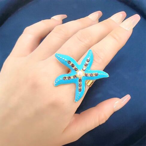 Dtja 3pcs Shell Pearl Starfish Statement Rings Set for Women Gold Plated Adjustable Rhinestone AB Crystal Scallor Ocean Sea Marine Life Open Wrap Rings Boho Y2K Beach Holiday Jewelry Gifts in Kuwait