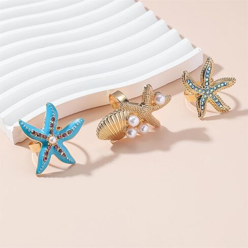 Dtja 3pcs Shell Pearl Starfish Statement Rings Set for Women Gold Plated Adjustable Rhinestone AB Crystal Scallor Ocean Sea Marine Life Open Wrap Rings Boho Y2K Beach Holiday Jewelry Gifts in Kuwait