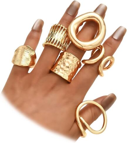 6Pcs Stackable Chunky Gold Irregular Geometric Rings Set, Trendy Hollow Circle Wide Knuckle Ring for Women Punk Exaggerated Party Prom Jewelry Gifts in Saudi Arabia