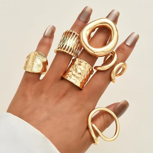 6Pcs Stackable Chunky Gold Irregular Geometric Rings Set, Trendy Hollow Circle Wide Knuckle Ring for Women Punk Exaggerated Party Prom Jewelry Gifts in Saudi Arabia