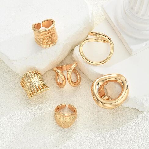 6Pcs Stackable Chunky Gold Irregular Geometric Rings Set, Trendy Hollow Circle Wide Knuckle Ring for Women Punk Exaggerated Party Prom Jewelry Gifts in Saudi Arabia