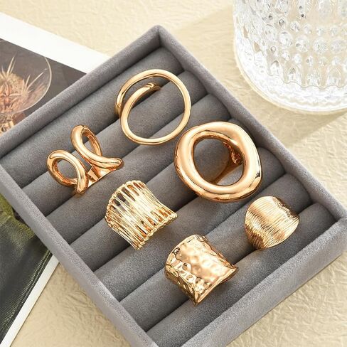 6Pcs Stackable Chunky Gold Irregular Geometric Rings Set, Trendy Hollow Circle Wide Knuckle Ring for Women Punk Exaggerated Party Prom Jewelry Gifts in Saudi Arabia