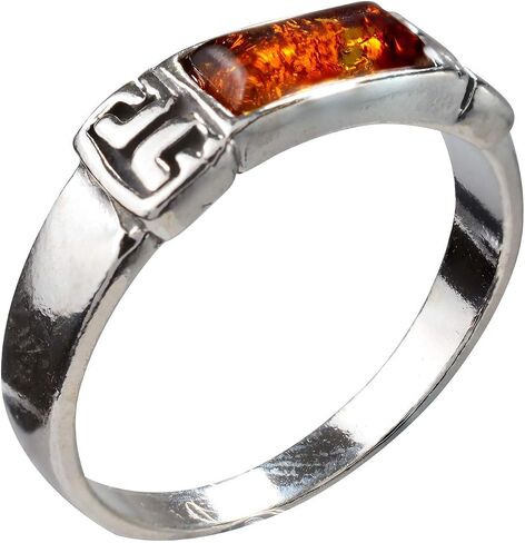 Holiday Gift Shops Baltic Amber Ring for Women, 925 Sterling Silver Cognac Orange Rectangular Amber Ring, Greek Key Design, Handcrafted in Gdańsk Poland in Saudi Arabia