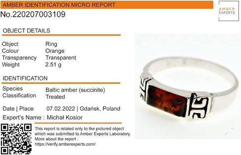 Holiday Gift Shops Baltic Amber Ring for Women, 925 Sterling Silver Cognac Orange Rectangular Amber Ring, Greek Key Design, Handcrafted in Gdańsk Poland in Saudi Arabia