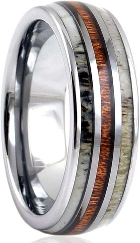 Magnificent Mirror Polished Silver 6mm/8mm Tungsten Carbide Dome Band Ring w/Koa Wood Between 2 Beautiful Deer Antler Inlays feat. Comfort Fit Inner Band. in Saudi Arabia