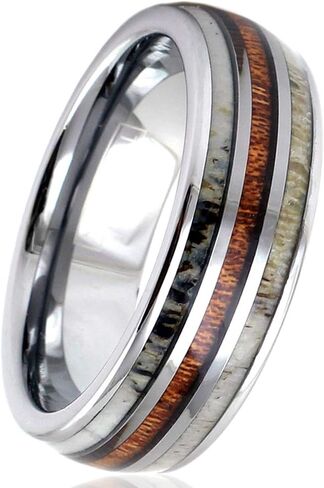 Magnificent Mirror Polished Silver 6mm/8mm Tungsten Carbide Dome Band Ring w/Koa Wood Between 2 Beautiful Deer Antler Inlays feat. Comfort Fit Inner Band. in Saudi Arabia