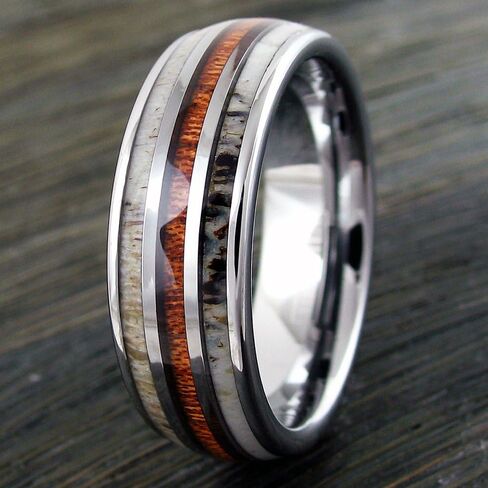 Magnificent Mirror Polished Silver 6mm/8mm Tungsten Carbide Dome Band Ring w/Koa Wood Between 2 Beautiful Deer Antler Inlays feat. Comfort Fit Inner Band. in Saudi Arabia