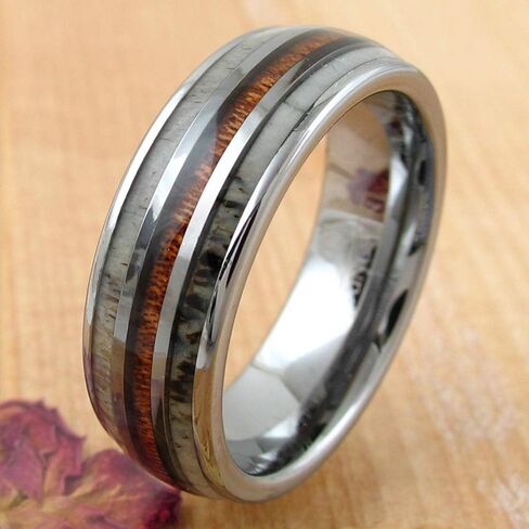 Magnificent Mirror Polished Silver 6mm/8mm Tungsten Carbide Dome Band Ring w/Koa Wood Between 2 Beautiful Deer Antler Inlays feat. Comfort Fit Inner Band. in Saudi Arabia