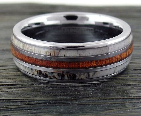 Magnificent Mirror Polished Silver 6mm/8mm Tungsten Carbide Dome Band Ring w/Koa Wood Between 2 Beautiful Deer Antler Inlays feat. Comfort Fit Inner Band. in Saudi Arabia