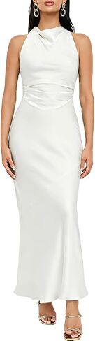 2026 Satin High Neck Backless Maxi Dresses for Women Summer Silk Elegant Ruched Waist Cross Back Formal Wedding Guest Dress in Saudi Arabia