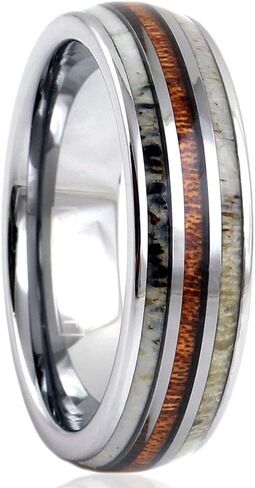 Magnificent Mirror Polished Silver 6mm/8mm Tungsten Carbide Dome Band Ring w/Koa Wood Between 2 Beautiful Deer Antler Inlays feat. Comfort Fit Inner Band. in Saudi Arabia