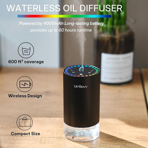 UrrSovv Car Diffuser for Essential Oils Cordless Waterless Battery Operated Car Diffuser Portable 60ML Air Freshener Wireless Diffuser 3 Timers & 3 Mist Levels for Car Home Bedroom Travelling (Black) in Kuwait
