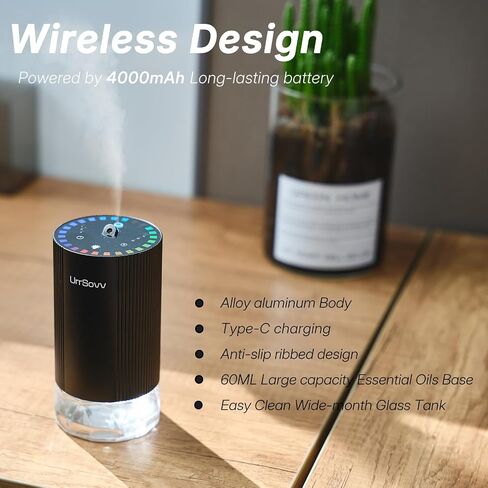 UrrSovv Car Diffuser for Essential Oils Cordless Waterless Battery Operated Car Diffuser Portable 60ML Air Freshener Wireless Diffuser 3 Timers & 3 Mist Levels for Car Home Bedroom Travelling (Black) in Kuwait