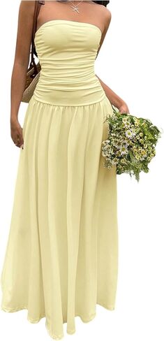 Milumia Women's Strapless A Line Bandeau Maxi Dress Summer Casual Ruched Long Dresses in Kuwait