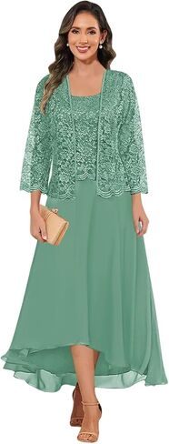 2 Pieces Tea Length Mother of The Bride Dresses with Jacket Chiffon Lace Formal Evening Gown in Kuwait