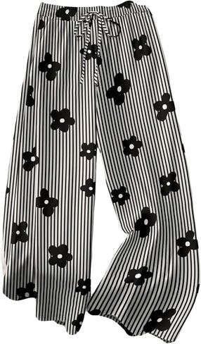 WDIRARA Women's Plus Size Floral Striped Wide Leg Pants Drawstring Waist Pants with Pockets in Kuwait