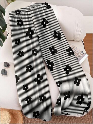 WDIRARA Women's Plus Size Floral Striped Wide Leg Pants Drawstring Waist Pants with Pockets in Kuwait