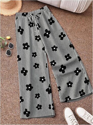 WDIRARA Women's Plus Size Floral Striped Wide Leg Pants Drawstring Waist Pants with Pockets in Kuwait