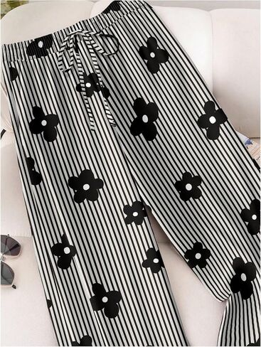 WDIRARA Women's Plus Size Floral Striped Wide Leg Pants Drawstring Waist Pants with Pockets in Kuwait