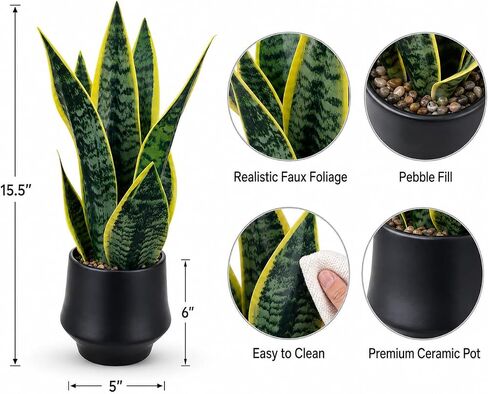 Realistic Artificial Snake Plant 15″ in Ceramic Pot – Faux Sansevieria Indoor Decor – Fake Potted Plant for Bathroom Shelf, Office Desk, Home Living Room Accent, Maintenance‑Free Greenery in Saudi Arabia
