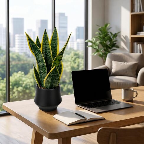 Realistic Artificial Snake Plant 15″ in Ceramic Pot – Faux Sansevieria Indoor Decor – Fake Potted Plant for Bathroom Shelf, Office Desk, Home Living Room Accent, Maintenance‑Free Greenery in Saudi Arabia