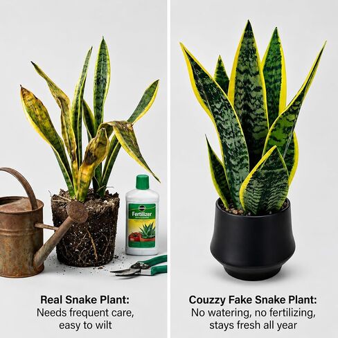 Realistic Artificial Snake Plant 15″ in Ceramic Pot – Faux Sansevieria Indoor Decor – Fake Potted Plant for Bathroom Shelf, Office Desk, Home Living Room Accent, Maintenance‑Free Greenery in Saudi Arabia