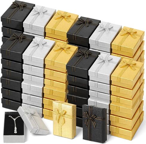 72 Pcs Jewelry Gift Boxes Bulk, 3.1 x 2 x 1.1 Inch Small Cardboard Gift Box with Bow for Ring Necklace Earrings Bracelet, Wedding Birthday Christmas Party Favor, Black Silver Gold in Saudi Arabia