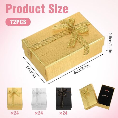 72 Pcs Jewelry Gift Boxes Bulk, 3.1 x 2 x 1.1 Inch Small Cardboard Gift Box with Bow for Ring Necklace Earrings Bracelet, Wedding Birthday Christmas Party Favor, Black Silver Gold in Saudi Arabia