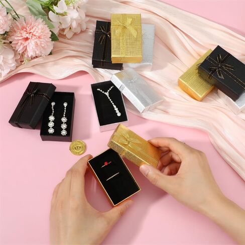 72 Pcs Jewelry Gift Boxes Bulk, 3.1 x 2 x 1.1 Inch Small Cardboard Gift Box with Bow for Ring Necklace Earrings Bracelet, Wedding Birthday Christmas Party Favor, Black Silver Gold in Saudi Arabia