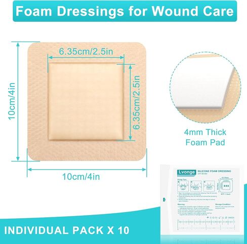 Silicone Foam Dressing 4"x4"(10 Pack) with Adhesive Border, Wound Care Dressings Highly Absorbent Large Waterproof Silicone Bandages for Pressure Ulcers, Bedsores, Leg Ulcers in Saudi Arabia