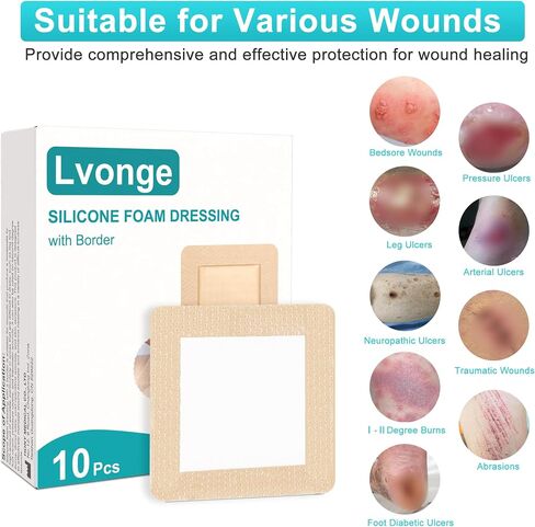 Silicone Foam Dressing 4"x4"(10 Pack) with Adhesive Border, Wound Care Dressings Highly Absorbent Large Waterproof Silicone Bandages for Pressure Ulcers, Bedsores, Leg Ulcers in Saudi Arabia