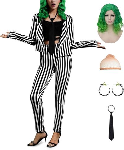 Women Halloween Slim Fit Spooky Jacket Beetlejuuie Striped Black and White Creepy Open Front Costume Set 6 Piece XXL in Saudi Arabia