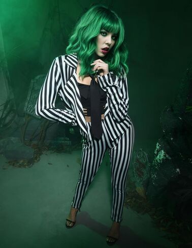 Women Halloween Slim Fit Spooky Jacket Beetlejuuie Striped Black and White Creepy Open Front Costume Set 6 Piece XXL in Saudi Arabia