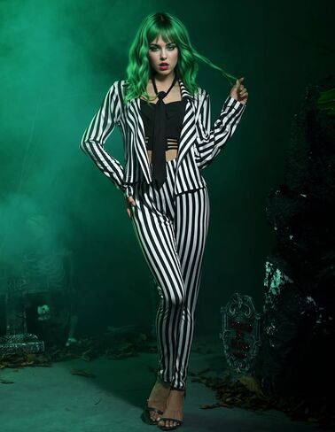 Women Halloween Slim Fit Spooky Jacket Beetlejuuie Striped Black and White Creepy Open Front Costume Set 6 Piece XXL in Saudi Arabia
