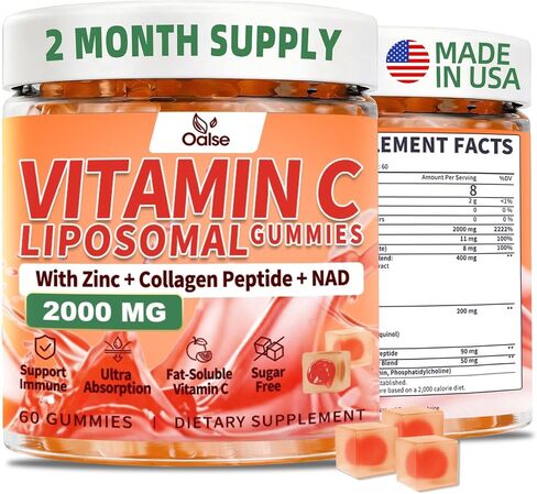 2000mg Liposomal Vitamin C Gummies for Adults, Elderberry Vitamin C and Zinc, NAD, Elderberry, for Immune Support Supplement, Sugar Free, 60 Counts, Orange Flavor in Saudi Arabia