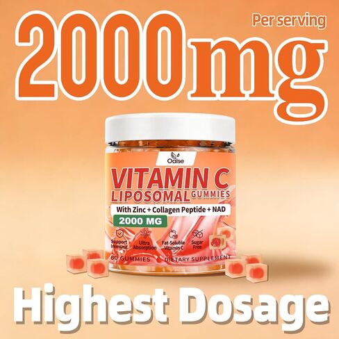 2000mg Liposomal Vitamin C Gummies for Adults, Elderberry Vitamin C and Zinc, NAD, Elderberry, for Immune Support Supplement, Sugar Free, 60 Counts, Orange Flavor in Saudi Arabia